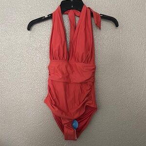 Women’s CUPSHE Whitney Ruched Halter Tummy Control One Piece Swimsuit XS Orange